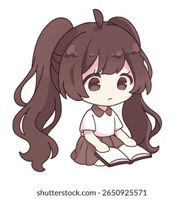 Personagem chibi bonito menina com longas caudas castanhas, sentado e lendo um livro. Ilustração minimalista e adorável perfeita para conteúdo educacional, infantil ou em estilo mangá.