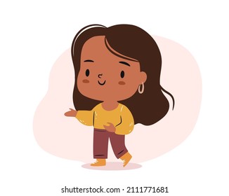 Cute chibi girl character pointing at something. African American cartoon woman