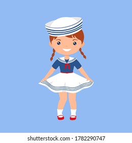 Cute chibi girl character in sailor suit. Professions for kids. Flat cartoon style. Vector illustration