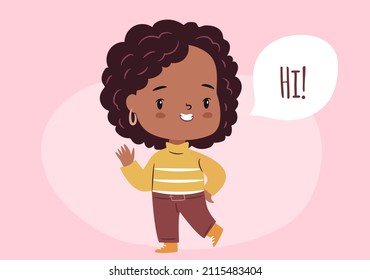 Cute chibi girl character shown full body saying Hi. African American cartoon woman