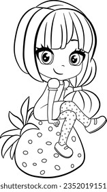 Cute Chibi Girl for Coloring. Vector Illustration of a Funny Girl Sitting on a Strawberry