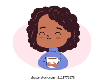 Cute chibi girl with cup in hands. Character with curly hair enjoying her hot drink