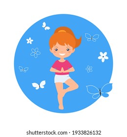 Cute chibi girl doing yoga on blue background. Cartoon flat style. Vector illustration