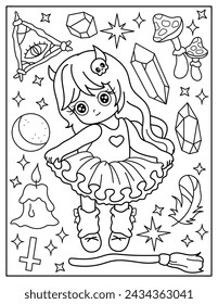 Cute chibi girl and Halloween set. Coloring book for children. Coloring book for adults. Halloween.