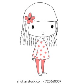 Cute Chibi Girl In Hat With Flower Pink Vector Illustration