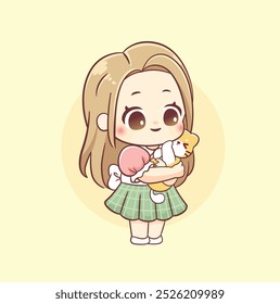 Cute chibi girl holding little cat kawaii cartoon iilustration