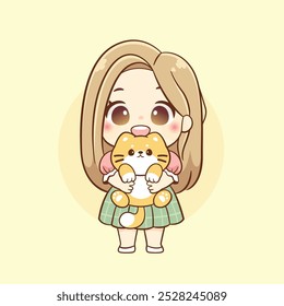 Menina chibi bonito segurando pequeno gato kawaii ilustração cartoon