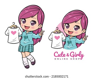 Cute chibi girl holding a t-shirt, kawaii cartoon character illustration.