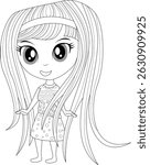 Cute Chibi Girl Line Art, Black and white line art illustration of a cute chibi girl character with long flowing hair, big eyes, a headband, and a patterned dress. Ideal for coloring books,