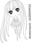 Cute Chibi Girl Line Art Illustration, Black and white line art illustration of an adorable chibi girl with big eyes and long hair, wearing a patterned dress and striped socks. Ideal for coloring