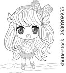 Cute Chibi Girl Line Art Illustration, Black and white outline illustration of a cute chibi girl character. Perfect for coloring pages, designs, or graphic projects related to anime, manga, and