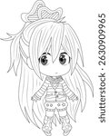 Cute Chibi Girl Line Art Coloring Page, Black and white line drawing of a cute anime style chibi girl with long hair and big eyes, wearing a sweater, shorts, and socks. Ideal for coloring books,