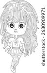 Cute Chibi Girl Line Art Illustration, Black and white line art illustration of an adorable chibi girl character with long hair, a dress, and striped leggings. Ideal for coloring pages, graphic