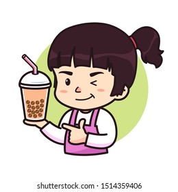 Cute chibi girl presenting bubble tea, logo mascot illustration