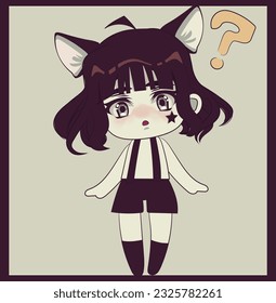 Cute chibi girl with short dark hair and cat ears. Retro style art