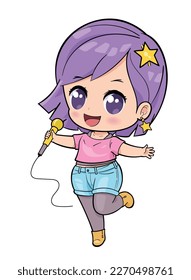 Cute chibi girl singing and dancing, kawaii cartoon character illustration.