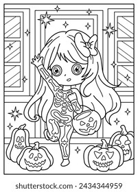 Cute chibi girl in a skeleton costume. Pumpkins. Coloring book for children. Coloring book for adults. Halloween.