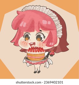 Cute Chibi Girl strawberry Shortcake Pink Yummy Dessert Maid In Cat costume Cosplay