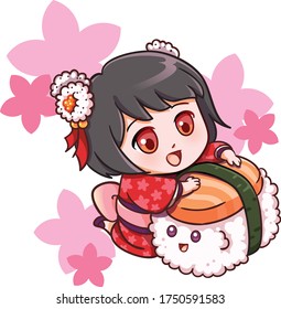 Cute chibi girl with sushi (Norwegian Salmon) for celebrate International Sushi Day.