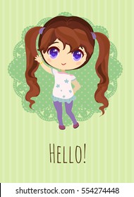 Cute chibi girl with two ponytails. Anime style card. 