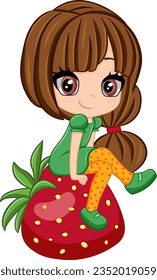 Cute Chibi Girl. Vector Illustration of a Funny Girl Sitting on a Strawberry