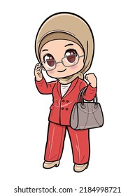 Cute chibi girl wearing hijab and a business suit, a kawaii cartoon character illustration.
