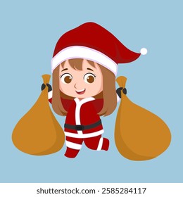 Cute chibi girl wearing Santa Claus costume with Christmas gift
