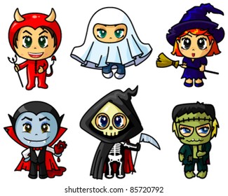 Cute chibi halloween characters set