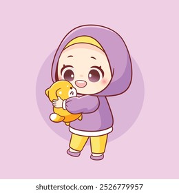 Cute chibi hijab girl hugging little cat kawaii cartoon iilustration