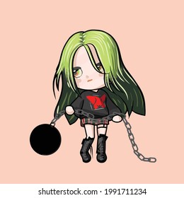 cute chibi holding black iron ball vector illustration 