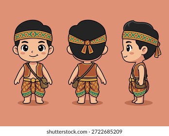 Una linda ilustración chibi de un niño con ropa tradicional tailandesa, mostrada desde el frente, la espalda y las vistas laterales.
