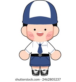 cute chibi indonesia elementary high school boy smile happily with long arm uniform