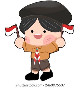 cute chibi indonesia scout school uniform boy smile happily with his indonesia flag