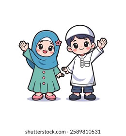 Cute Chibi Islamic Cartoon Illustration of Muslim Kids Waving Hello in Traditional Attire