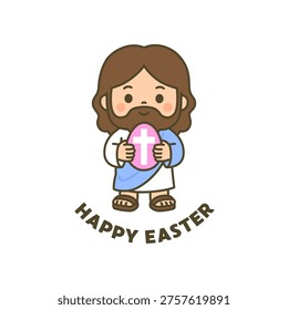 Cute chibi Jesus holding Easter egg with cross and Happy Easter text on white background Vector Illustration