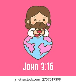 Cute chibi Jesus peeking behind heart shaped world globe making heart hand gesture with John 3 16 on pink background
 Vector Illustration
