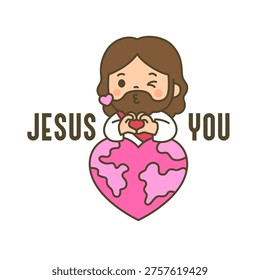 Cute chibi Jesus peeking behind heart shaped world globe making heart hand gesture with Jesus Loves You on white background Vector Illustration