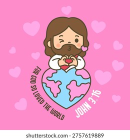 Cute chibi Jesus peeking behind heart world globe making heart hand gesture with For God So Loved the World John 3 16 on pink background Vector Illustration