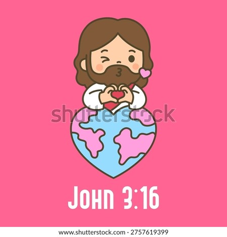 Cute chibi Jesus peeking behind heart shaped world globe making heart hand gesture with John 3 16 on pink background
 Vector Illustration