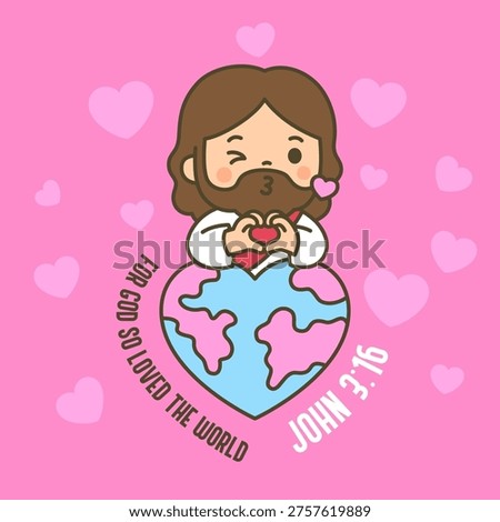 Cute chibi Jesus peeking behind heart world globe making heart hand gesture with For God So Loved the World John 3 16 on pink background Vector Illustration