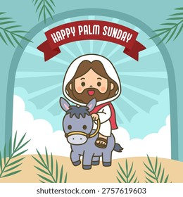 Cute chibi Jesus riding donkey with Happy Palm Sunday red banner on teal sky sunray background Vector Illustration