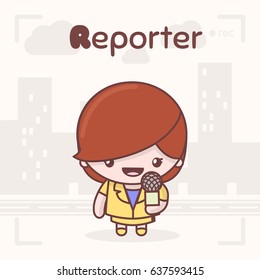 Cute chibi kawaii characters. Alphabet professions. Letter R - Reporter. Flat style