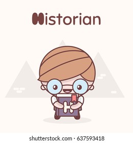 Cute chibi kawaii characters. Alphabet professions. Letter H - Historian. Flat style
