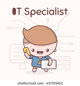 Cute chibi kawaii characters. Alphabet professions. Letter I - IT-Specialist. Flat style