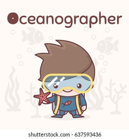 Cute chibi kawaii characters. Alphabet professions. Letter O - Oceanographer. Flat style