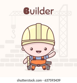 Cute chibi kawaii characters. Alphabet professions. Letter B - Builder. Flat style.


