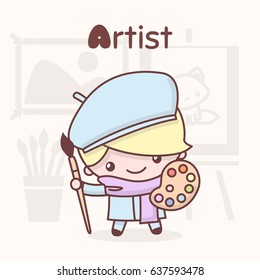Cute chibi kawaii characters. Alphabet professions. Letter A - Artist. Flat style