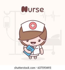 Cute chibi kawaii characters. Alphabet professions. Letter N - Nurse. Flat style