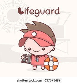 Cute chibi kawaii characters. Alphabet professions. Letter L - Lifeguard. Flat style