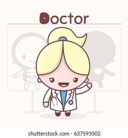 Cute chibi kawaii characters. Alphabet professions. Letter D - Doctor. Flat style